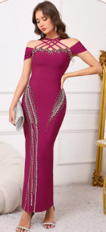 Elegant Crystal Off-Shoulder with Criss-Cross Accents Party Evening Maxi Dress