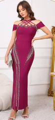 Elegant Crystal Off-Shoulder with Criss-Cross Accents Party Evening Maxi Dress