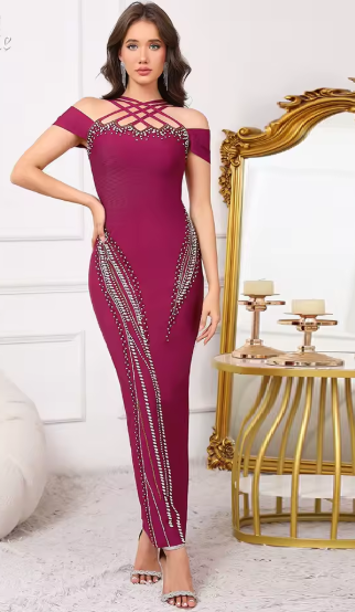 Elegant Crystal Off-Shoulder with Criss-Cross Accents Party Evening Maxi Dress