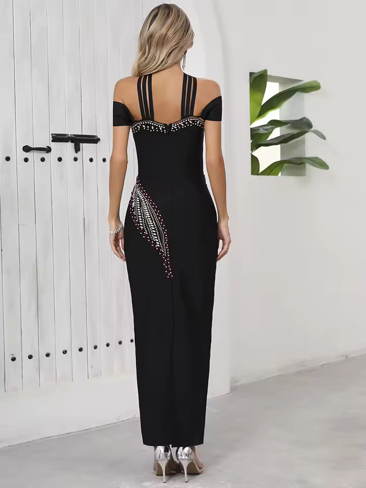 Elegant Crystal Off-Shoulder with Criss-Cross Accents Party Evening Maxi Dress