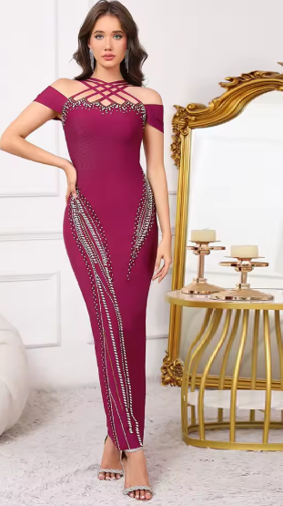 Elegant Crystal Off-Shoulder with Criss-Cross Accents Party Evening Maxi Dress