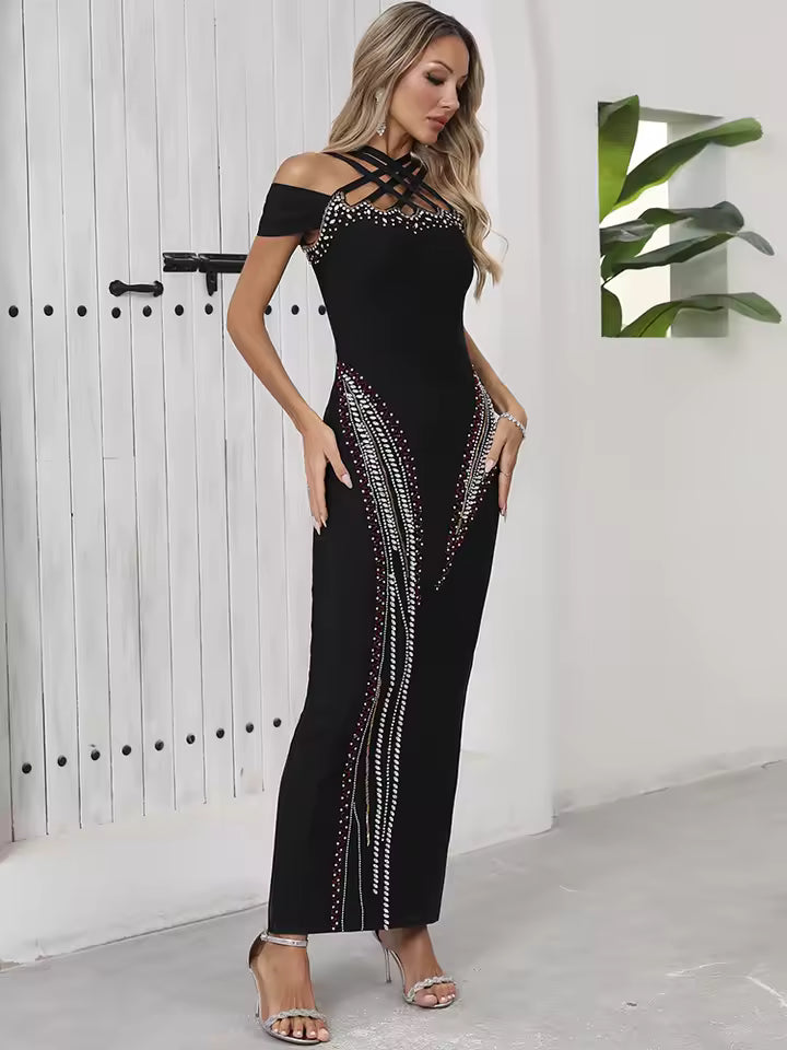 Elegant Crystal Off-Shoulder with Criss-Cross Accents Party Evening Maxi Dress