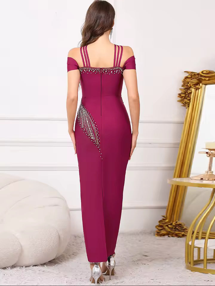 Elegant Crystal Off-Shoulder with Criss-Cross Accents Party Evening Maxi Dress