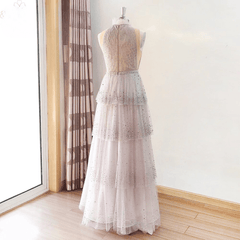 Elegant A Line High Neck Crystal Tulle Tiered Layers Prom Wedding Evening Party Gowns