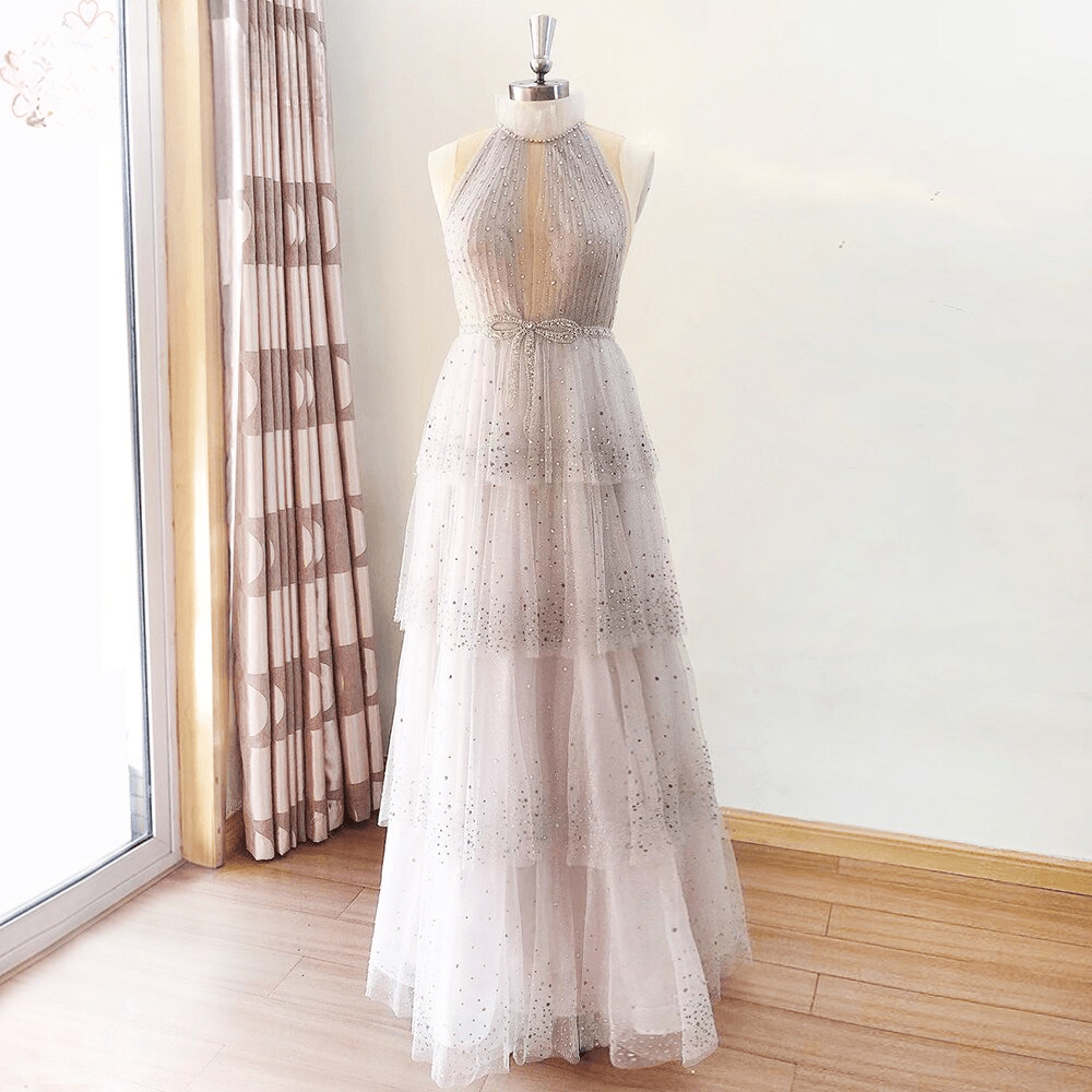 Elegant A Line High Neck Crystal Tulle Tiered Layers Prom Wedding Evening Party Gowns