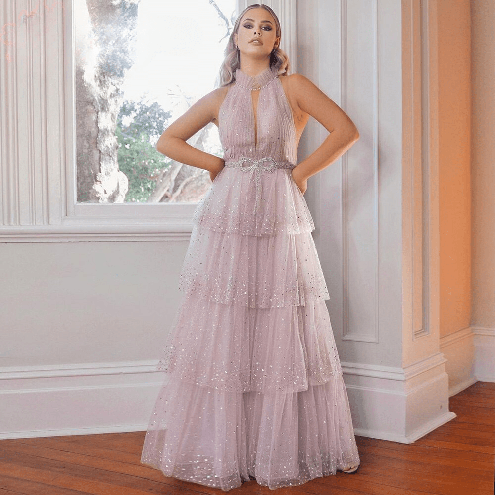 Elegant A Line High Neck Crystal Tulle Tiered Layers Prom Wedding Evening Party Gowns