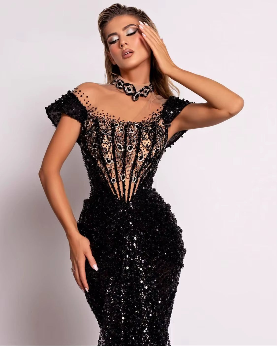 Elegant Crystals Lace Mermaid Sheer Neck Prom Evening Maxi Dresses