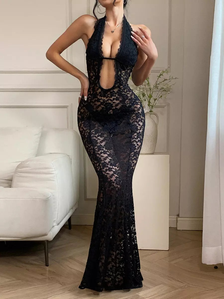 Elegant Cut-Out Details Lace Mermaid Bodycon Maxi Dress