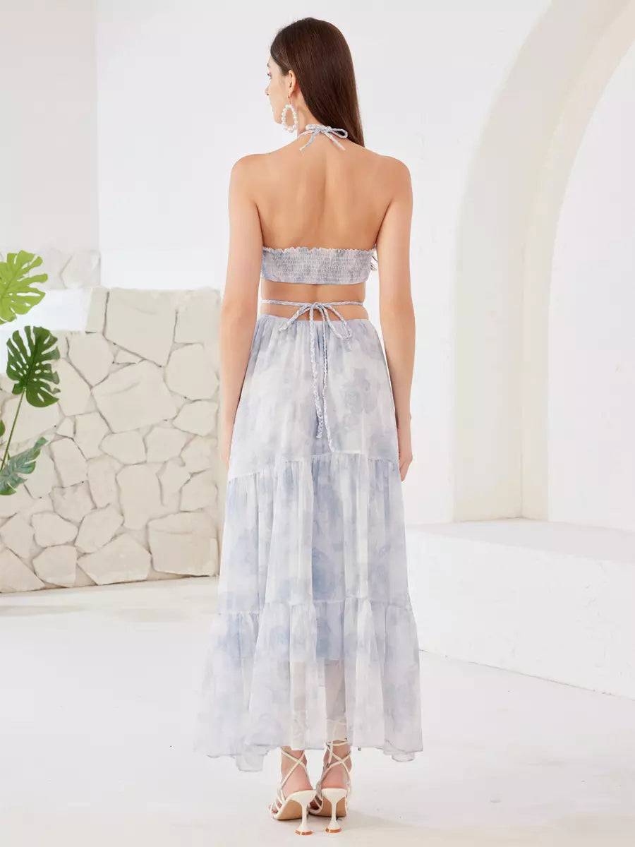 Elegant Cutout Waist Halter Polyester Neck Floral Long Dress