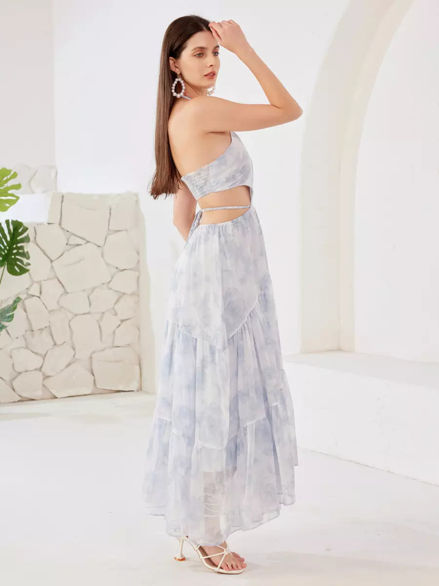 Elegant Cutout Waist Halter Polyester Neck Floral Long Dress