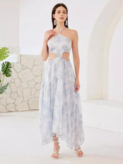 Elegant Cutout Waist Halter Polyester Neck Floral Long Dress