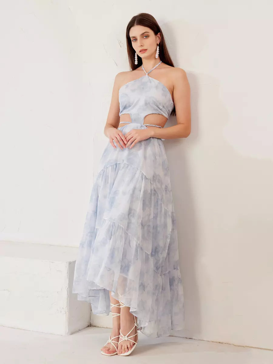 Elegant Cutout Waist Halter Polyester Neck Floral Long Dress