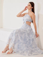 Elegant Cutout Waist Halter Polyester Neck Floral Long Dress