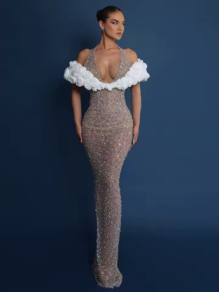 Elegant Deep V Halter Sequins Flower Mesh Maxi Long Bodycon Dress