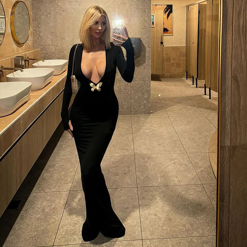 Elegant Deep V Long Sleeve Neck Maxi Dress Club Outfits
