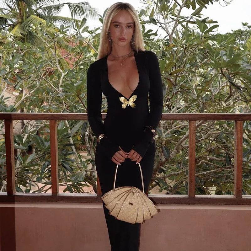 Elegant Deep V Long Sleeve Neck Maxi Dress Club Outfits