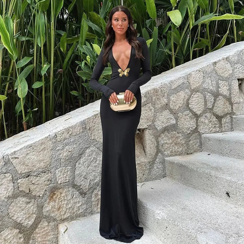 Elegant Deep V Long Sleeve Neck Maxi Dress Club Outfits