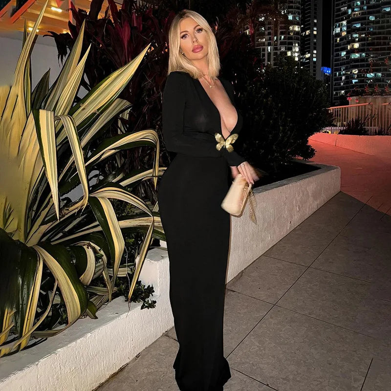 Elegant Deep V Long Sleeve Neck Maxi Dress Club Outfits