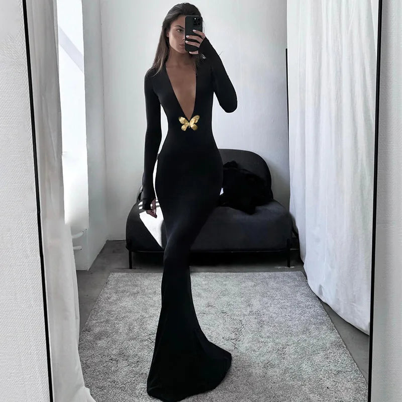 Elegant Deep V Long Sleeve Neck Maxi Dress Club Outfits