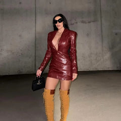 Elegant Deep V-Neck Above Knee High Waist Fold Mini Dress