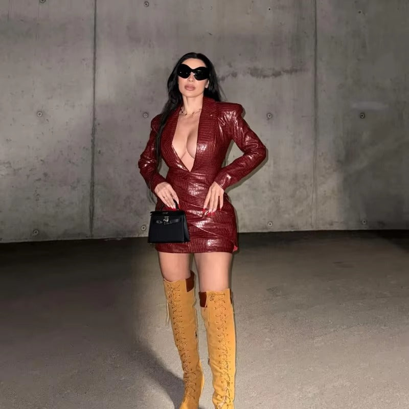 Elegant Deep V-Neck Above Knee High Waist Fold Mini Dress