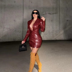 Elegant Deep V-Neck Above Knee High Waist Fold Mini Dress