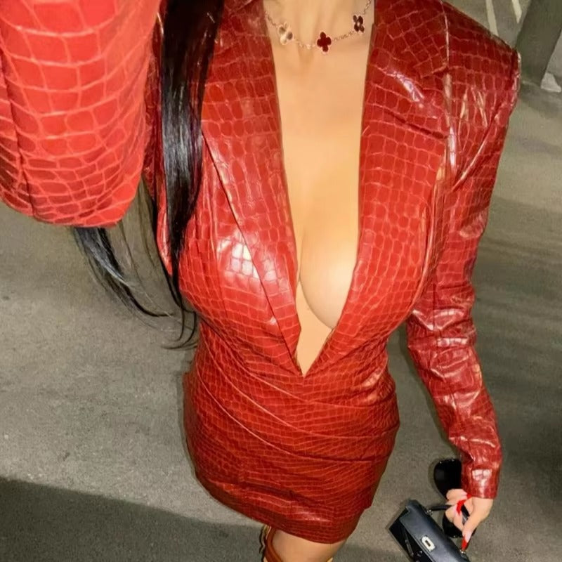 Elegant Deep V-Neck Above Knee High Waist Fold Mini Dress
