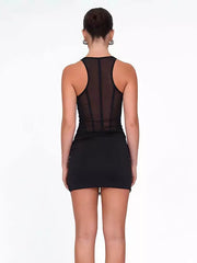 Elegant Deep V-Neck And Waist Tie Sleeveless Sheer Bodycon Mini Dress