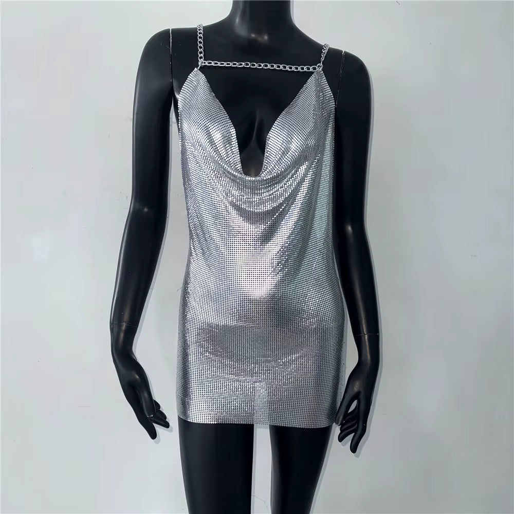 Elegant Deep V Neck Backless Shiny Metal Sequins Mini Dress