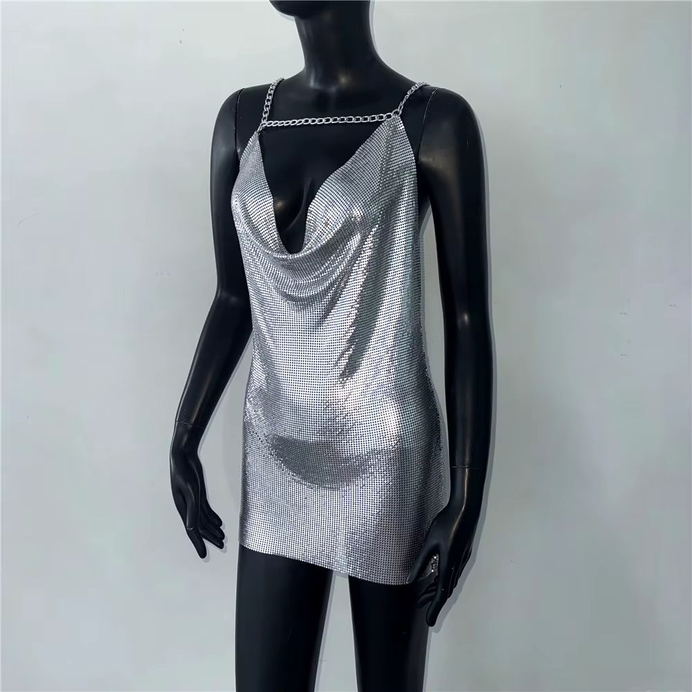 Elegant Deep V Neck Backless Shiny Metal Sequins Mini Dress