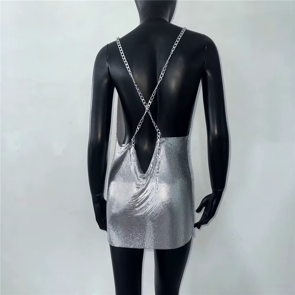 Elegant Deep V Neck Backless Shiny Metal Sequins Mini Dress