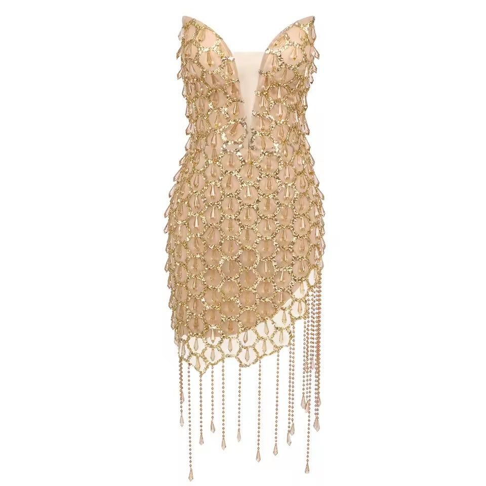 Elegant Deep V-Neck Diamond Hand-Cranked Strapless Mini Dress