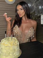 Elegant Deep V-Neck Diamond Hand-Cranked Strapless Mini Dress