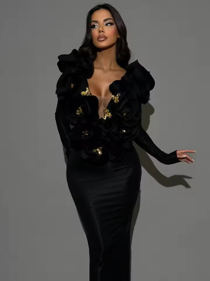 Elegant Deep V Neck Flower Long Bandage Bodycon Maxi Dress
