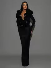 Elegant Deep V Neck Flower Long Bandage Bodycon Maxi Dress