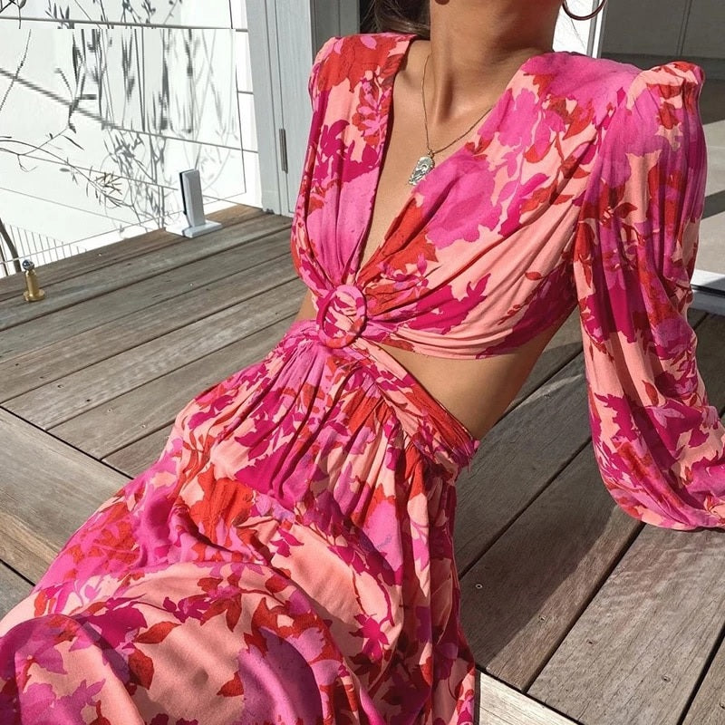 Elegant Deep V Neck Half Sleeve Holiday Long Dress