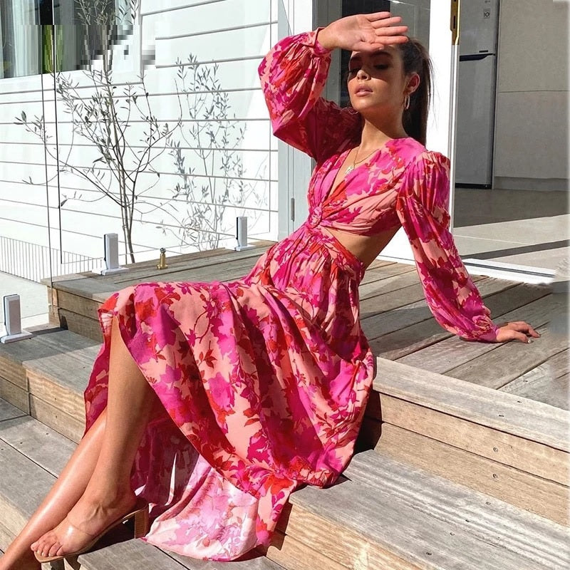 Elegant Deep V Neck Half Sleeve Holiday Long Dress