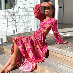 Elegant Deep V Neck Half Sleeve Holiday Long Dress
