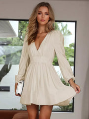 Elegant Lantern Long Sleeves Pleated Waist Flared Skater Mini Dress