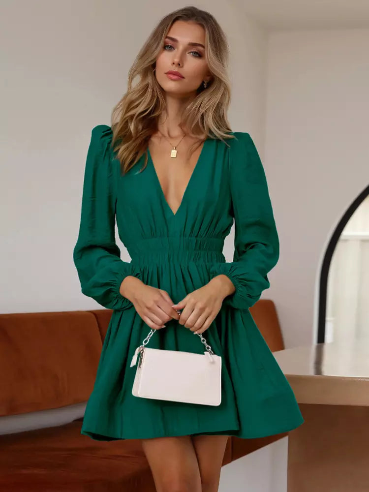 Elegant Lantern Long Sleeves Pleated Waist Flared Skater Mini Dress