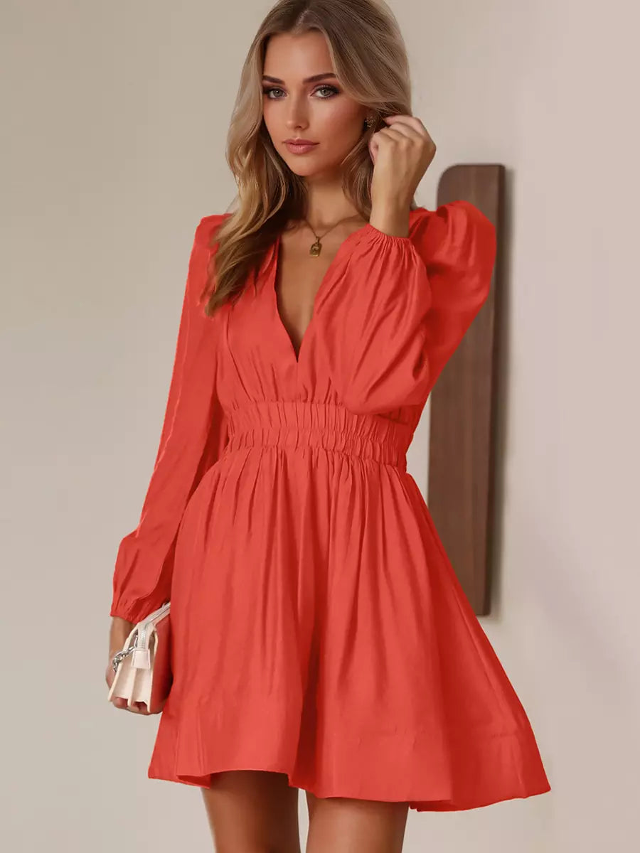 Elegant Lantern Long Sleeves Pleated Waist Flared Skater Mini Dress