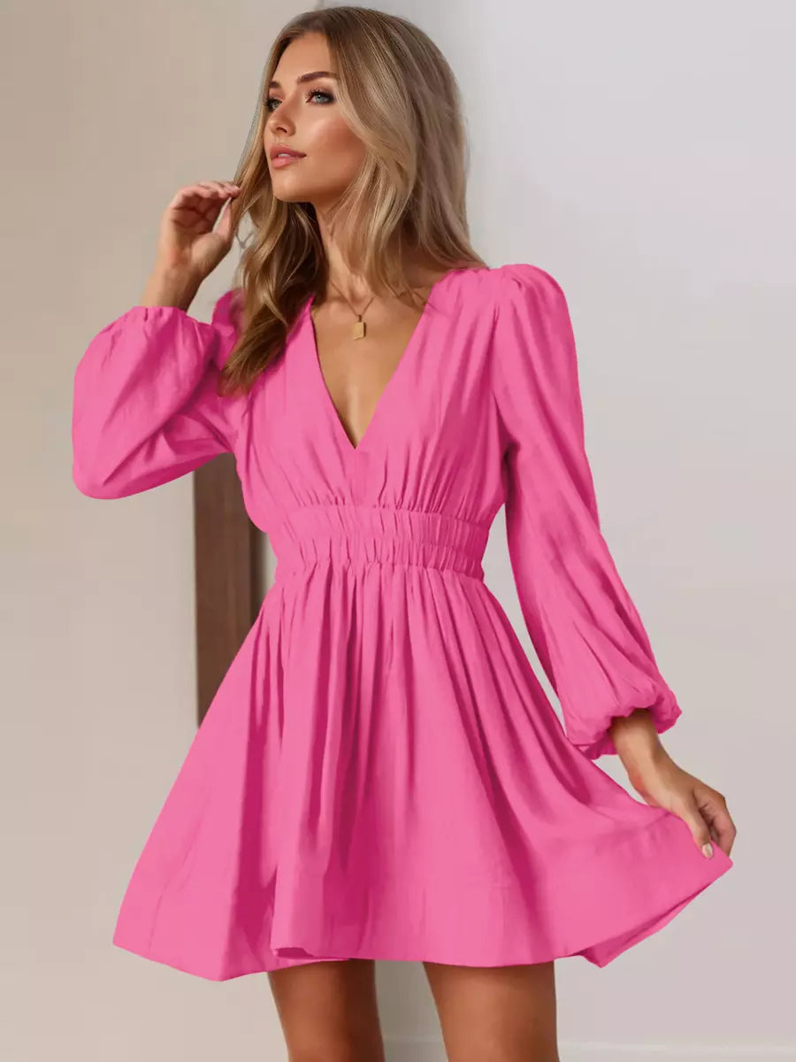Elegant Lantern Long Sleeves Pleated Waist Flared Skater Mini Dress