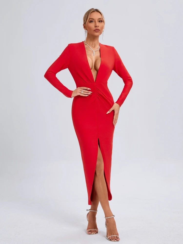Elegant Deep V Neck Long Sleeve Folds Evening Party Club Bandage Bodycon Long Dresses