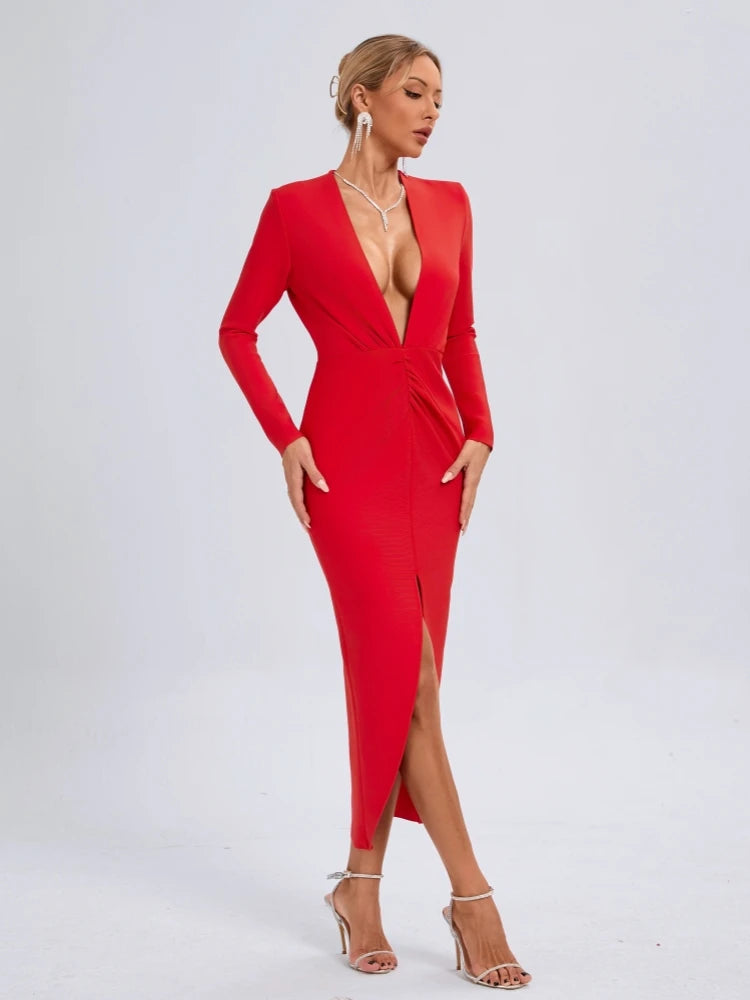 Elegant Deep V Neck Long Sleeve Folds Evening Party Club Bandage Bodycon Long Dresses