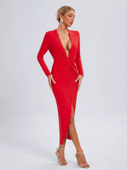 Elegant Deep V Neck Long Sleeve Folds Evening Party Club Bandage Bodycon Long Dresses