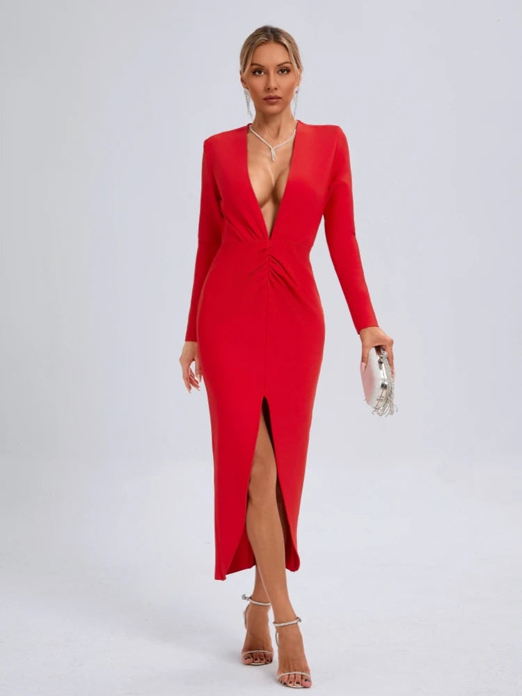 Elegant Deep V Neck Long Sleeve Folds Evening Party Club Bandage Bodycon Long Dresses