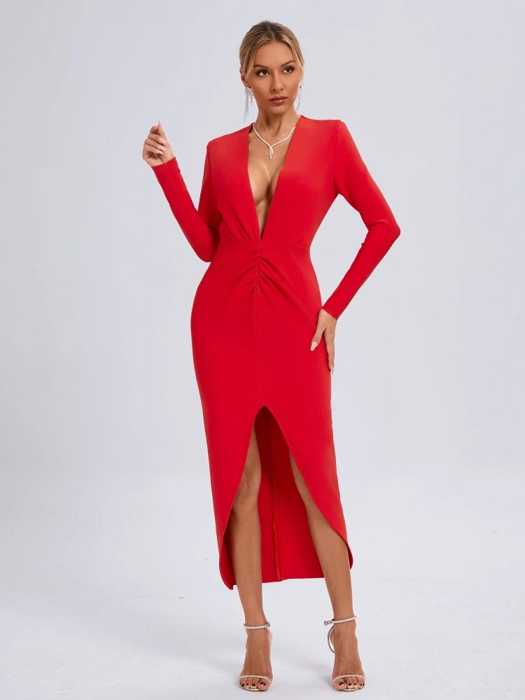 Elegant Deep V Neck Long Sleeve Folds Evening Party Club Bandage Bodycon Long Dresses