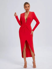 Elegant Deep V Neck Long Sleeve Folds Evening Party Club Bandage Bodycon Long Dresses
