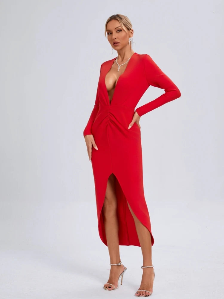 Elegant Deep V Neck Long Sleeve Folds Evening Party Club Bandage Bodycon Long Dresses