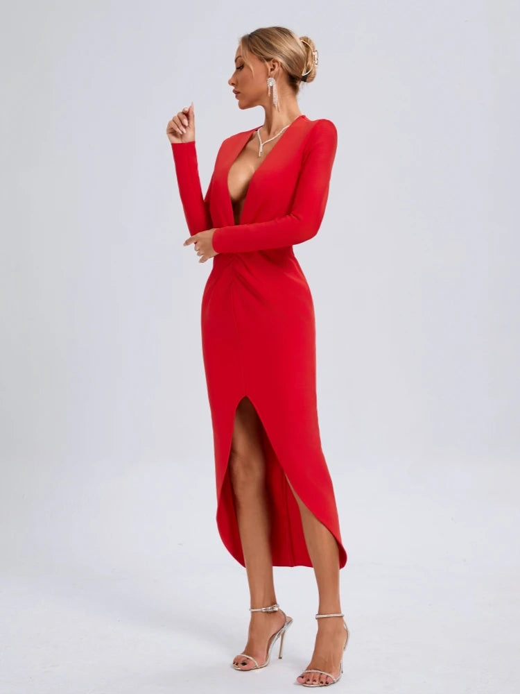 Elegant Deep V Neck Long Sleeve Folds Evening Party Club Bandage Bodycon Long Dresses